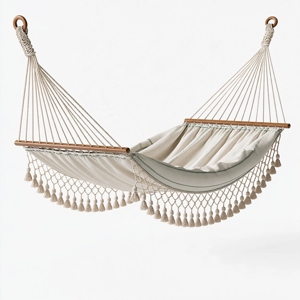 Amaca 300 x 100 cm in cotone beige con barre in legno - sospesa stile boho