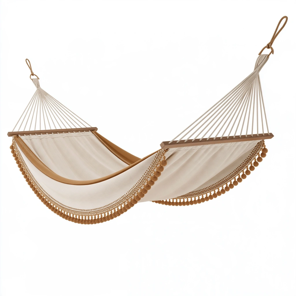 Amaca sospesa 300 x 100 cm in cotone beige con aste in legno e frange boho