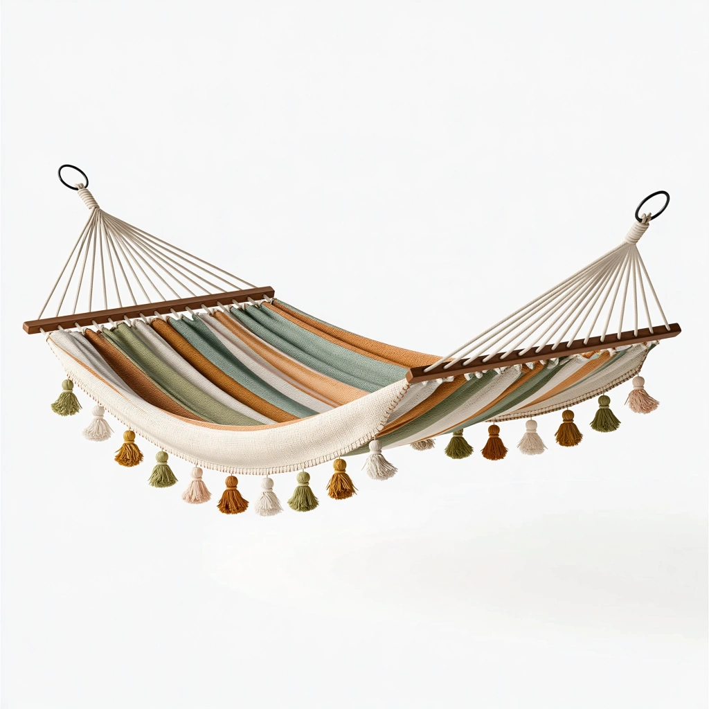 Amaca 200 x 100 cm in cotone beige verde e ocra con frange decorative