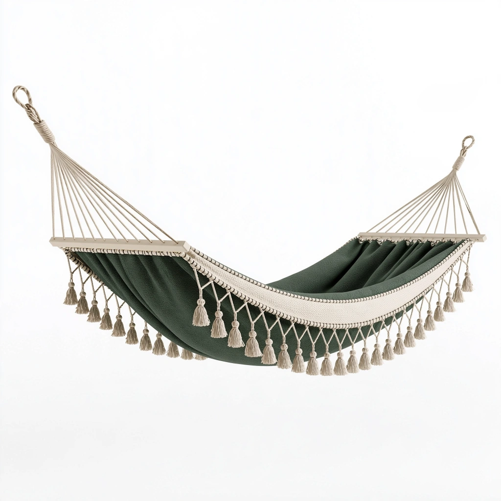 Amaca 300 x 100 cm in cotone verde e avorio con frange stile boho