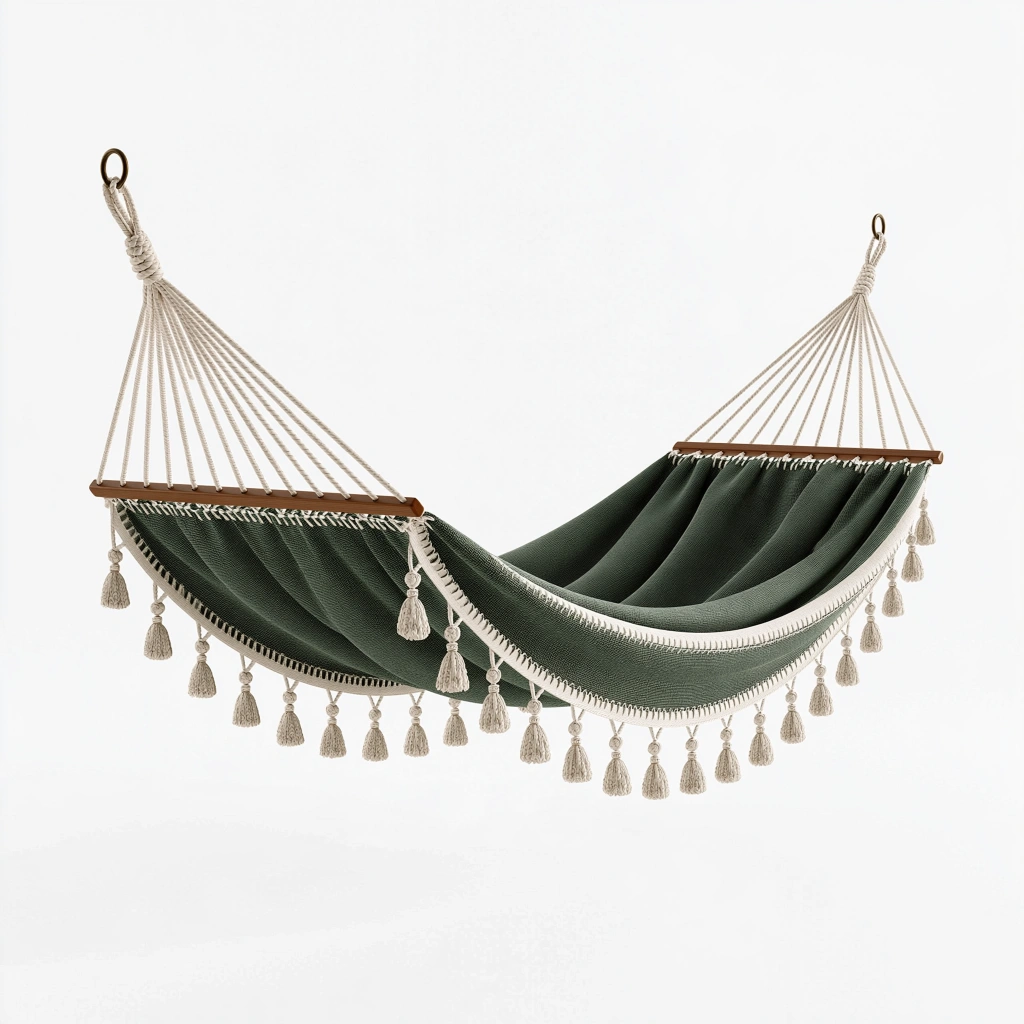 Amaca sospesa 300 x 100 x 120 cm in tessuto verde scuro con barre in legno stile boho per giardino