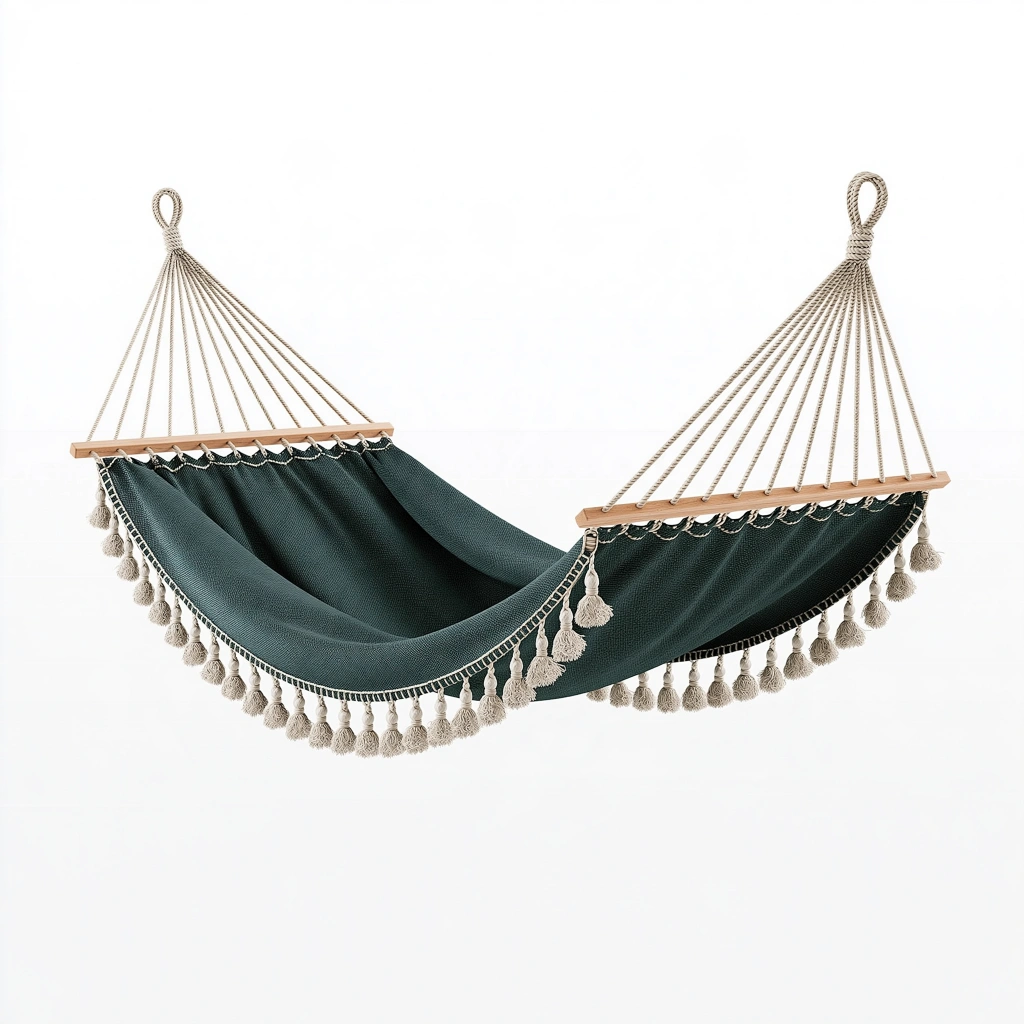Amaca 300 x 100 cm in tessuto verde con barre in legno stile boho