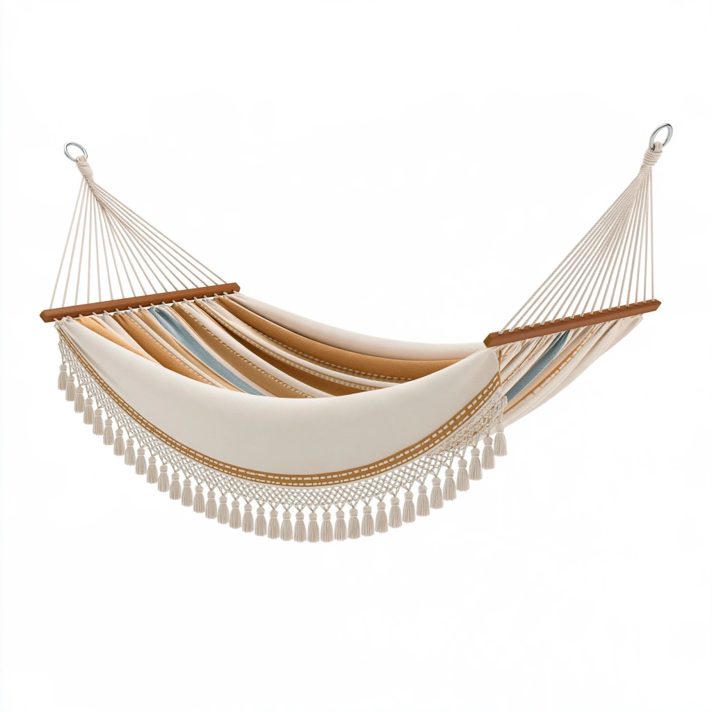 Amaca 300 x 120 cm in tessuto crema marrone e azzurro con barre in legno stile boho