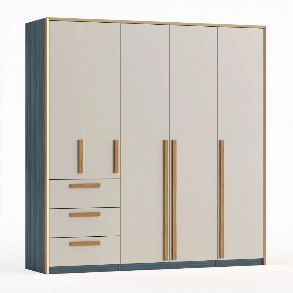 Armadio 200x60x220 cm in pannelli effetto legno bianco e blu con 5 ante e 3 cassetti moderno