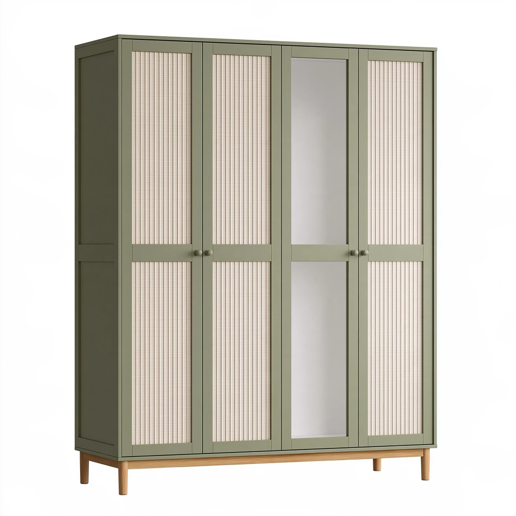 Armadio guardaroba 180 x 55 x 200 cm in legno verde oliva con ante in fibra intrecciata e specchio stile nordico