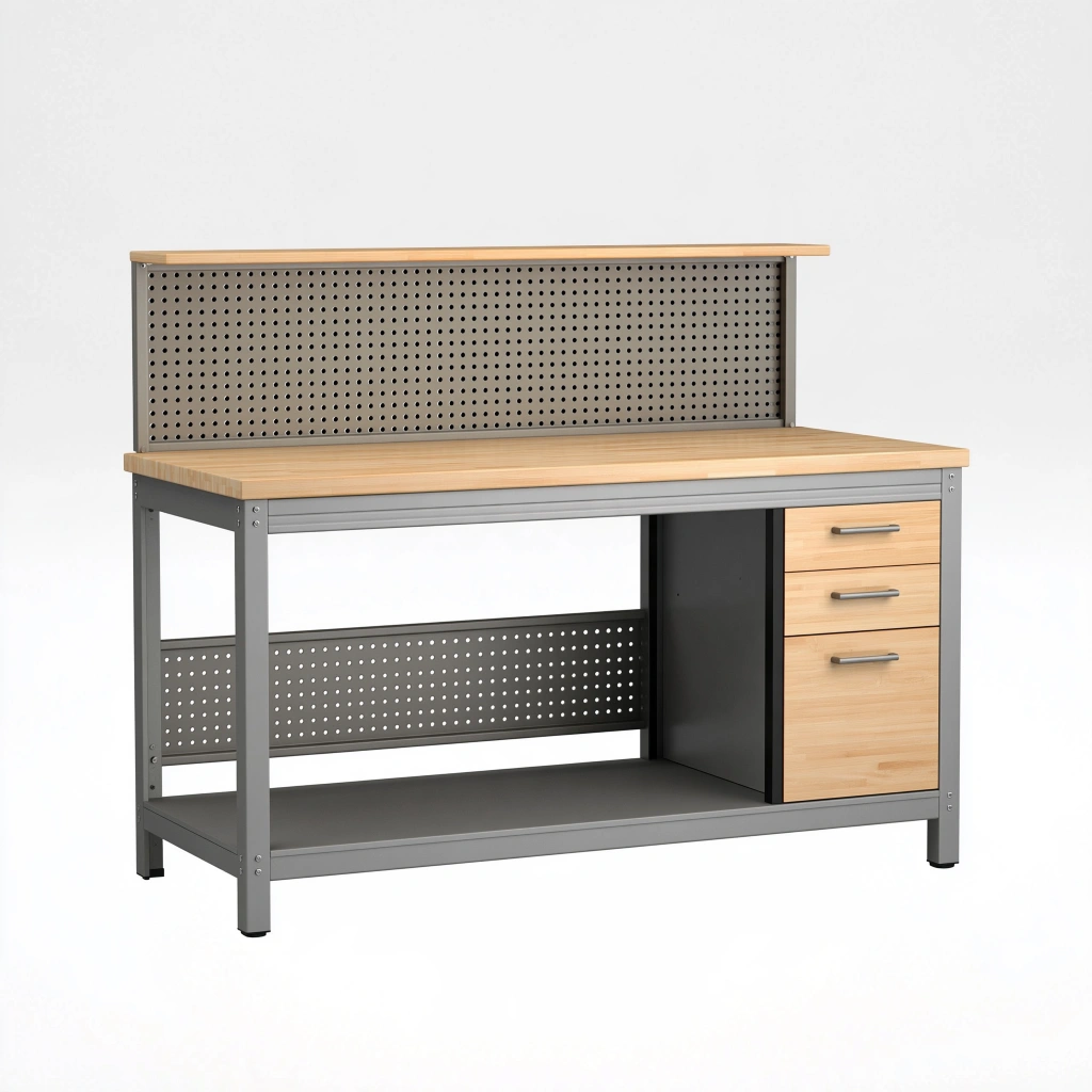 Banco da lavoro 120 x 60 x 150 cm in acciaio e legno naturale grigio con pannello forato e 3 cassetti