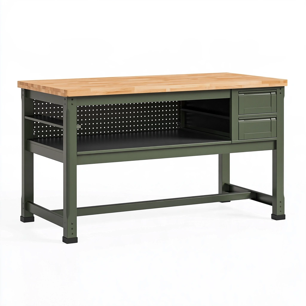 Banco da lavoro 122 x 61 x 91 cm in acciaio e bambù verde nero - stile industriale con 2 cassetti