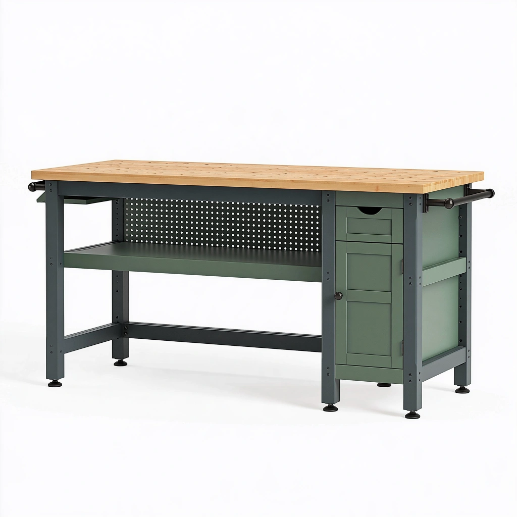 Banco da lavoro 152 x 61 x 91 cm in legno e acciaio verde con cassetto e armadietto