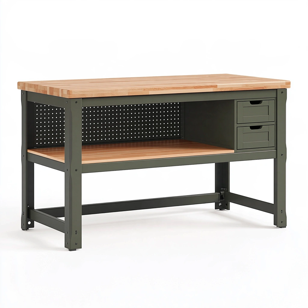 Banco da lavoro 120x60x90 cm in legno e acciaio verde con 2 cassetti e pannello forato