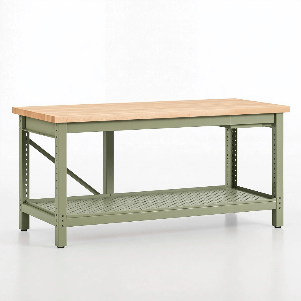 Banco da lavoro 120 x 60 x 90 cm in legno e metallo verde salvia con ripiano inferiore