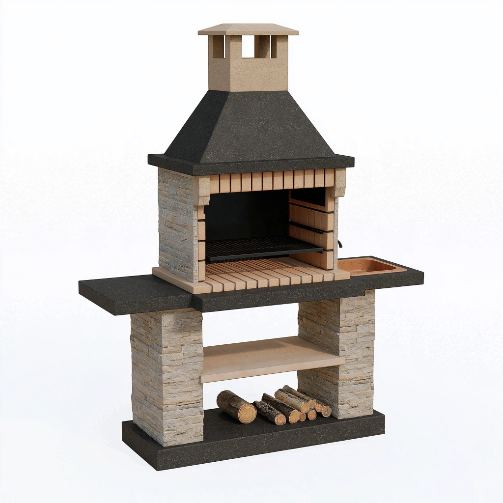Barbecue da giardino 160 x 70 x 220 cm in mattoni refrattari beige e nero con griglia in acciaio e ripiani laterali