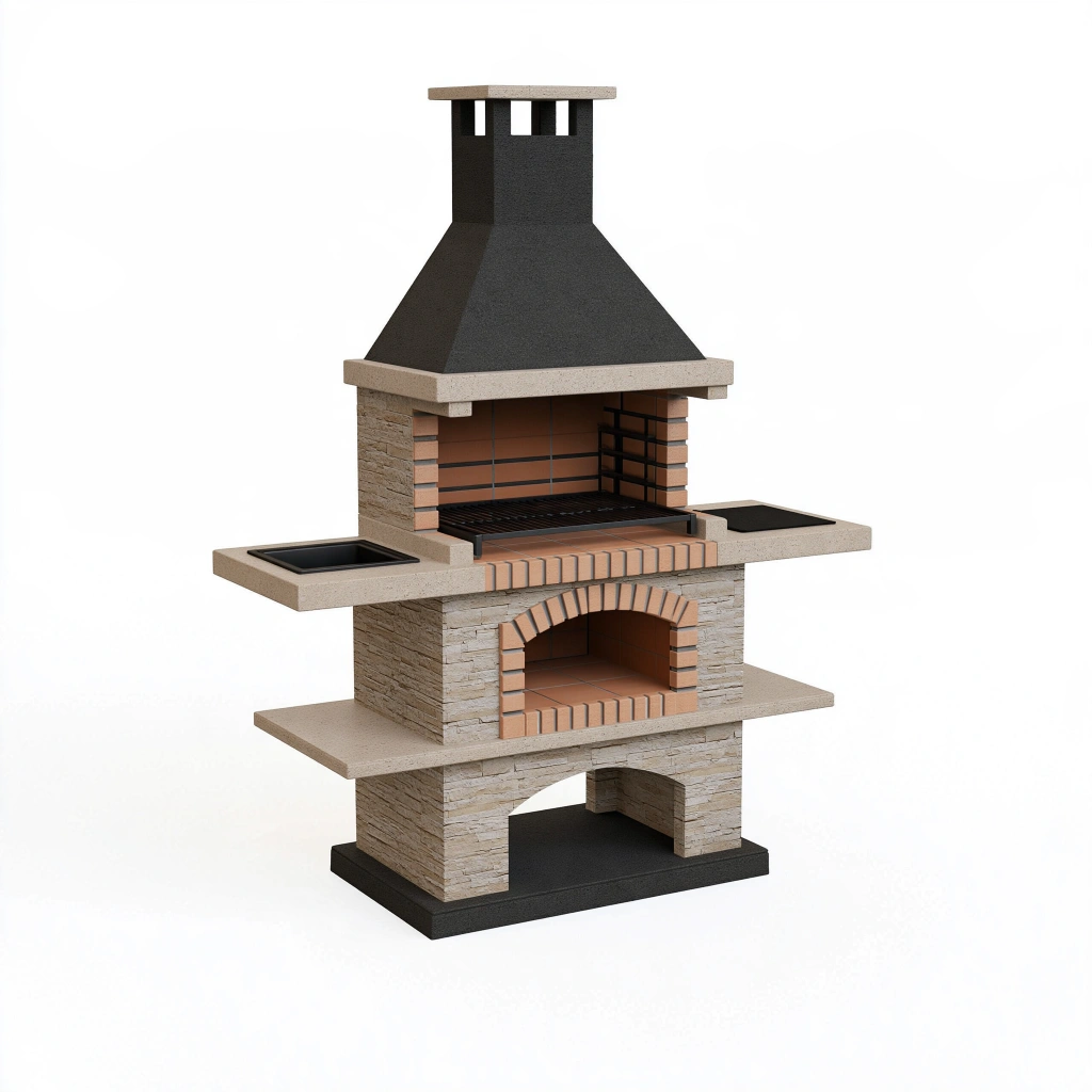Barbecue da giardino con forno 160 x 70 x 220 cm in pietra e mattoni beige nero per cottura alla griglia