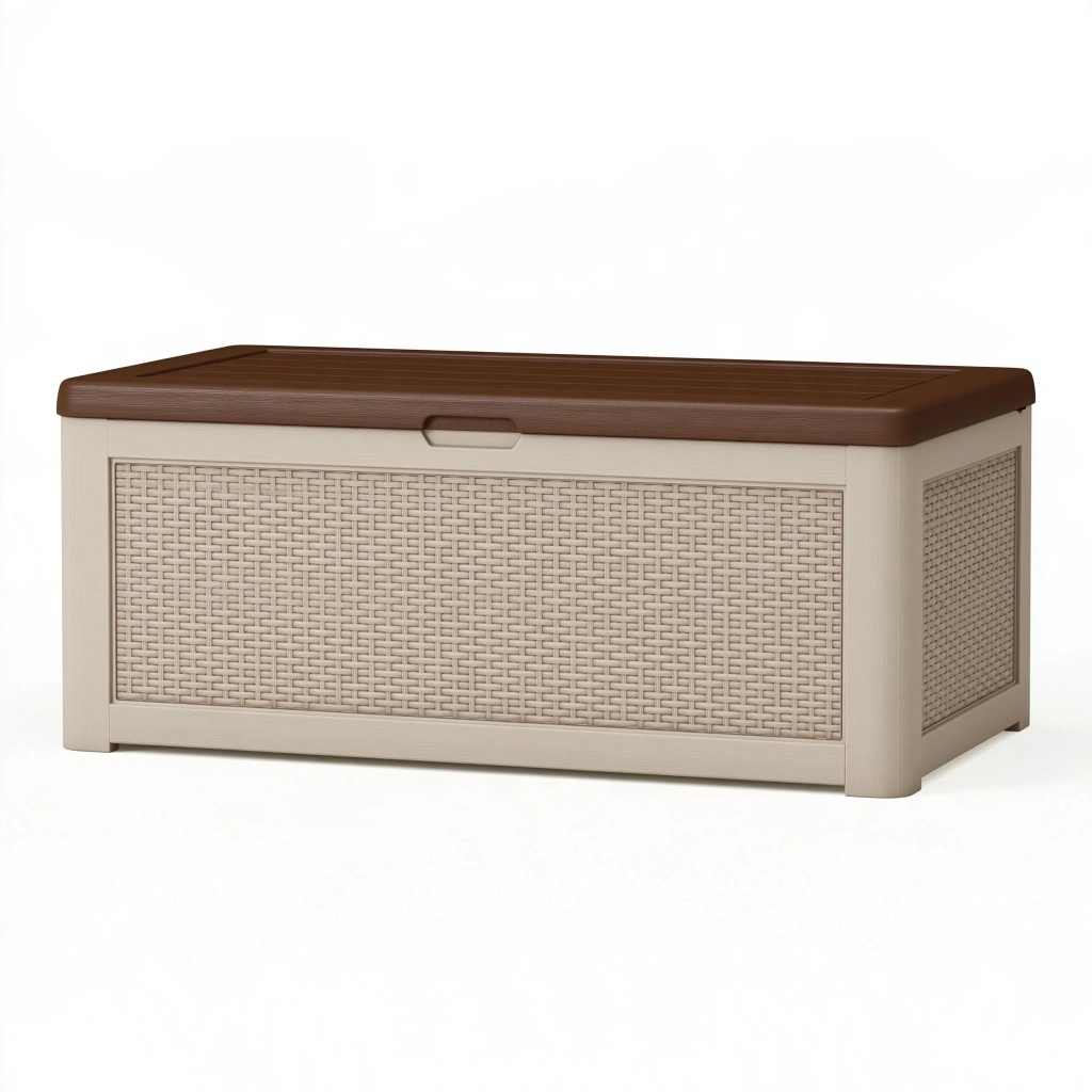 Baule contenitore 120 x 55 x 60 cm in resina beige e marrone con coperchio effetto intrecciato