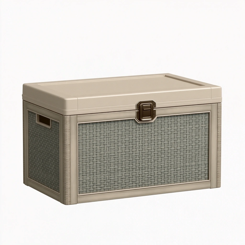 Cassapanca contenitore 80 cm x 45 cm x 50 cm in resina beige e grigio stile intrecciato con coperchio