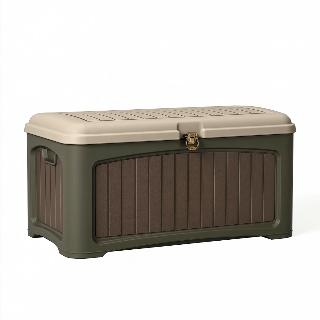 Baule contenitore 120 x 55 x 60 cm in resina verde oliva e beige per esterni stile moderno