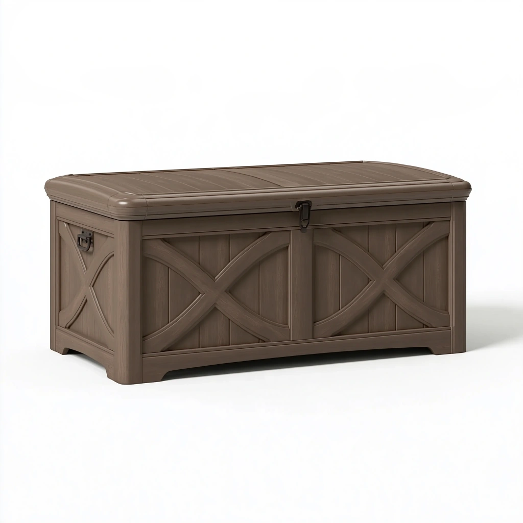 Cassapanca da esterno 150 x 70 x 70 cm in resina marrone effetto legno con coperchio