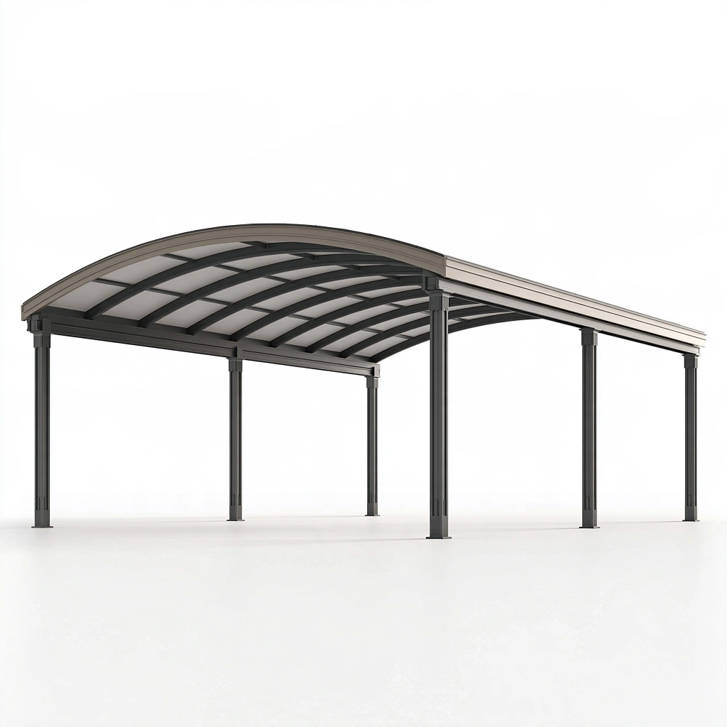 Tettoia autoportante 600 x 300 x 280 cm in metallo grigio con copertura curva traslucida per esterni