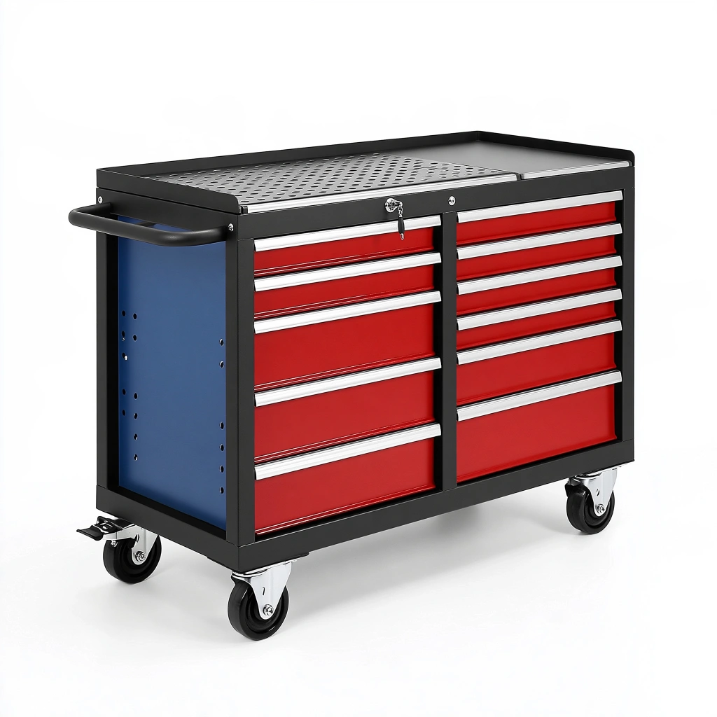 Carrello portautensili 110 x 50 x 95 cm in acciaio nero rosso e blu con 8 cassetti e ruote