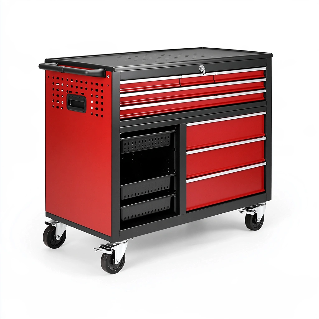 Cassettiera portautensili 76 x 46 x 96 cm in acciaio rosso e nero con ruote e 8 cassetti